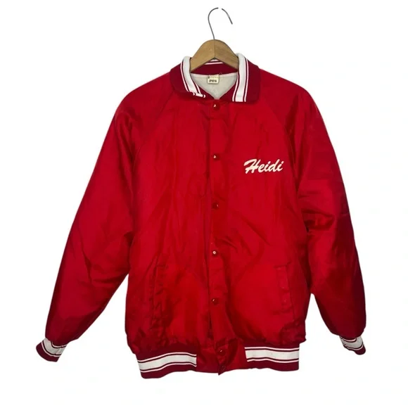 Vintage 80s Red Satin Bomber Jacket Bremen Pom Pons Cheerleader USA Made - Picture 14 of 15